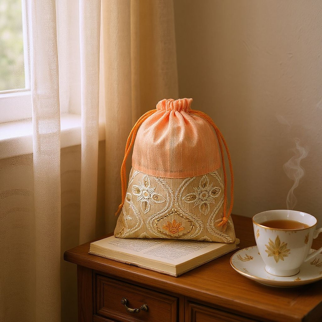 RETURN GIFT ITEMS 5*7 INCH PASTEL SILK EMBROIDERY POTLI