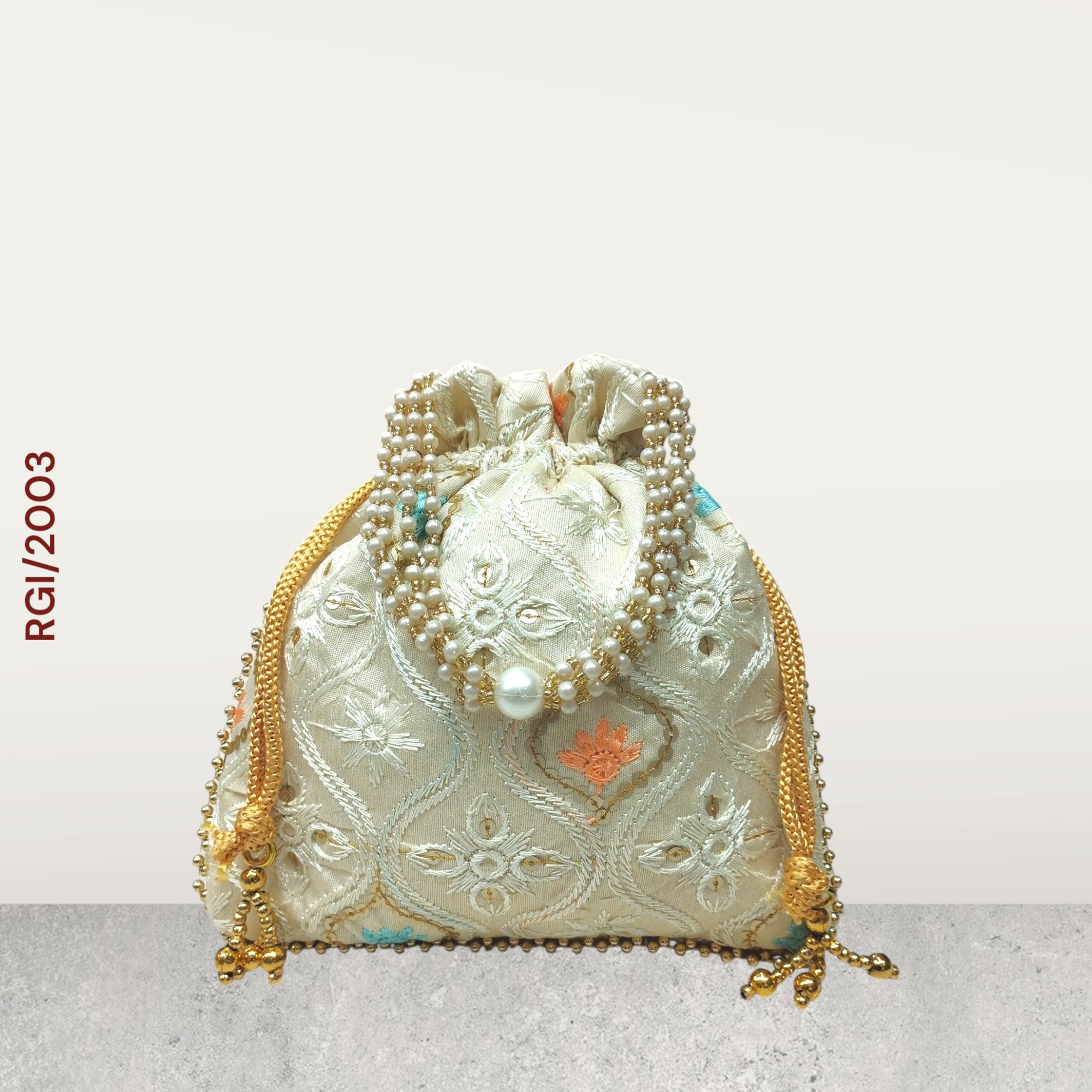 RETURN GIFT ITEMS THREAD PASTEL EMBROIDERY SILK POTLI BAGS