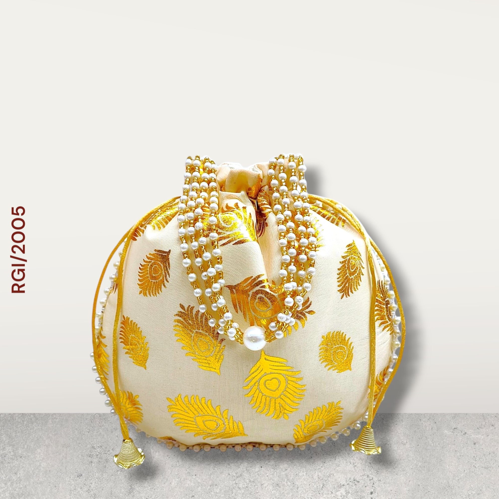 RETURN GIFT ITEMS FOIL PRINT FEATHER SILK POTLI BAGS