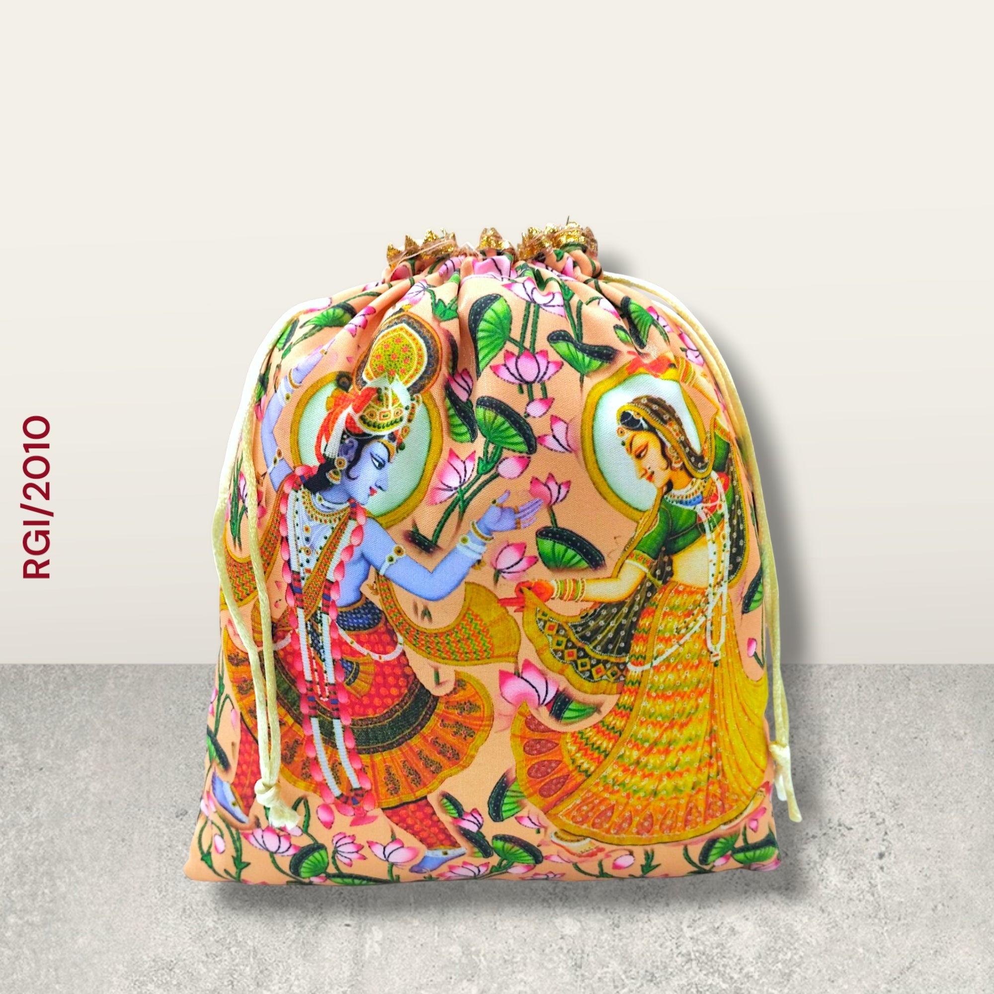 RETURN GIFT ITEMS RADHA KRISHNA SILK DIGITAL PRINT POTLI BAGS