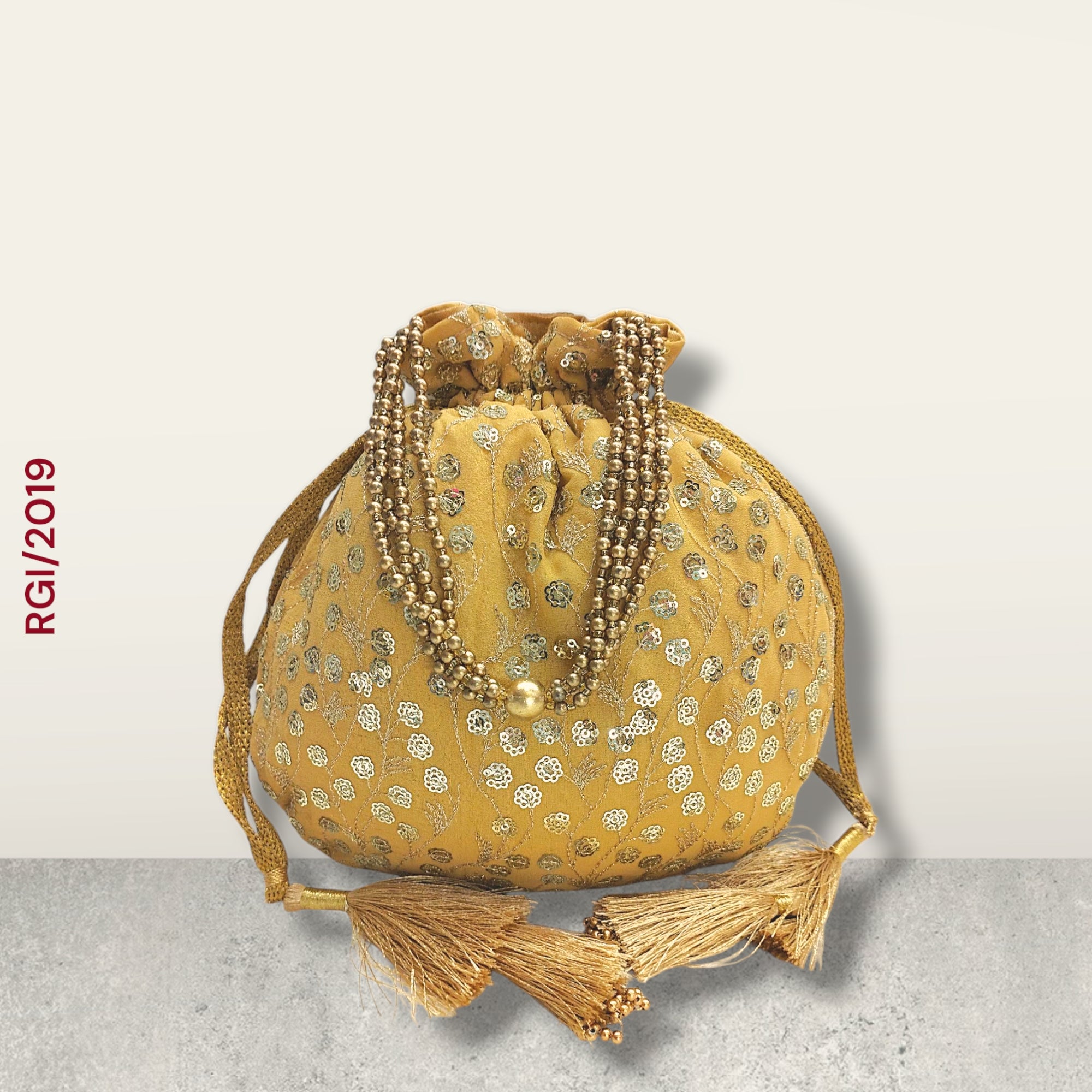 RETURN GIFT ITEMS GOLDEN FLOWER SEQUIN POTLI BAGS