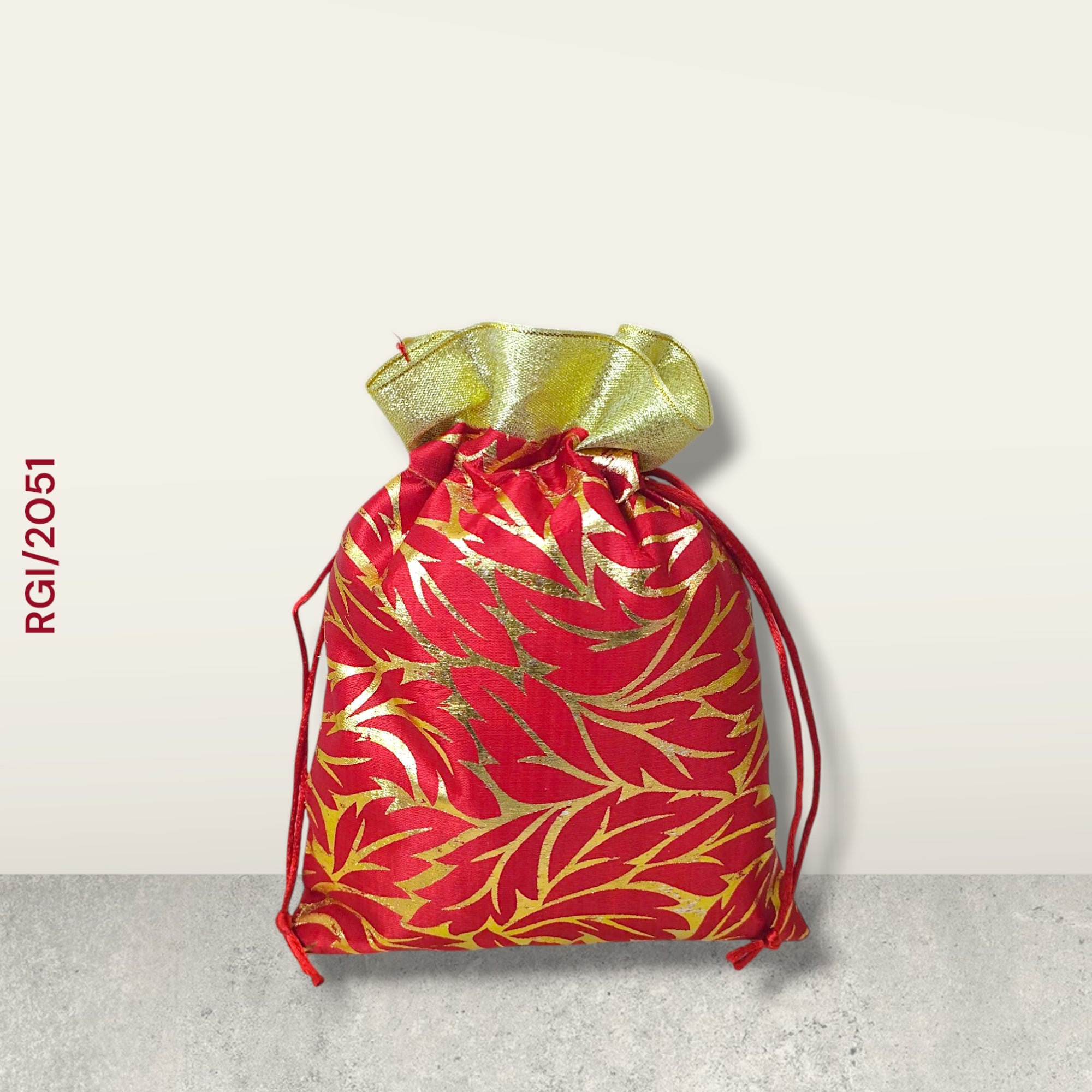 RETURN GIFT ITEMS 500 GMS SHIMMER LEAF FOIL PRINT SATIN POTLI BAGS