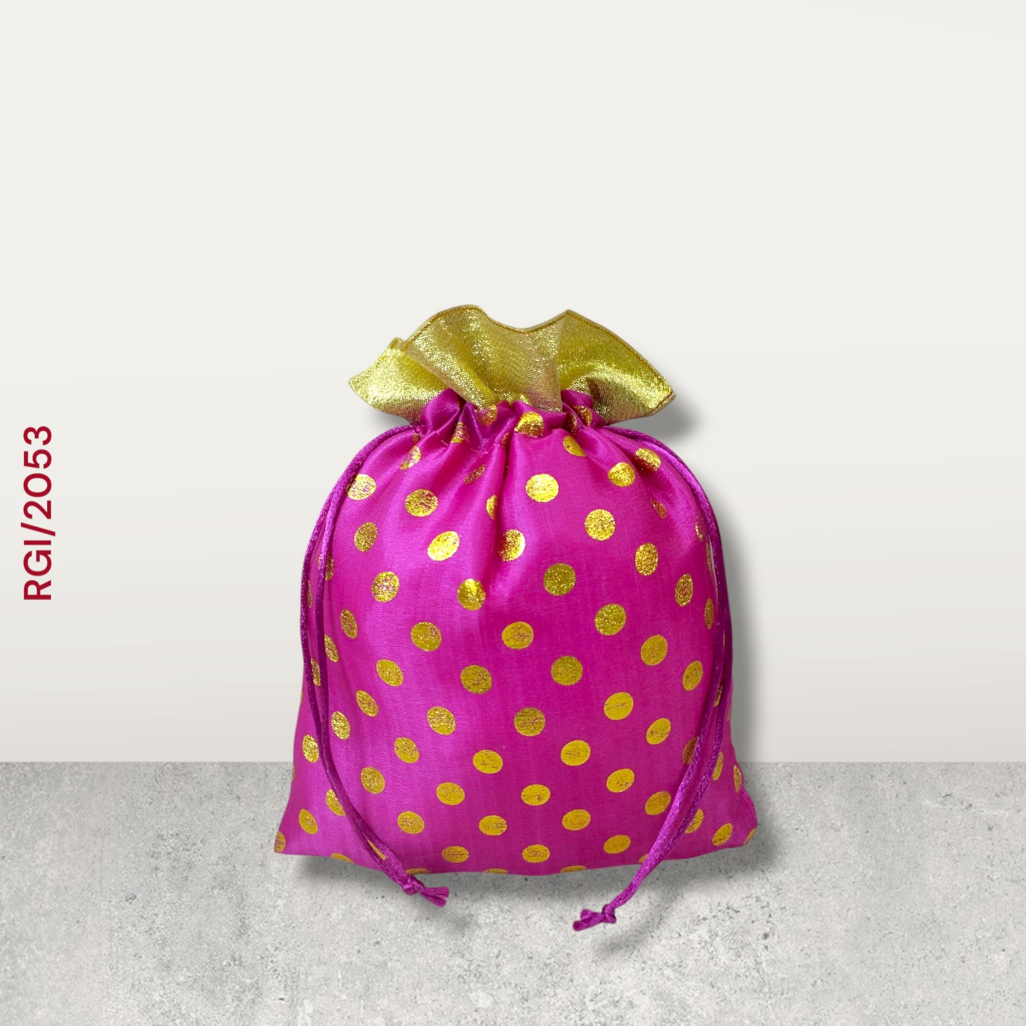 RETURN GIFT ITEMS 500 GMS PACKING CLASSIC GOLDEN DOTS SATIN POLKA POTLI BAG