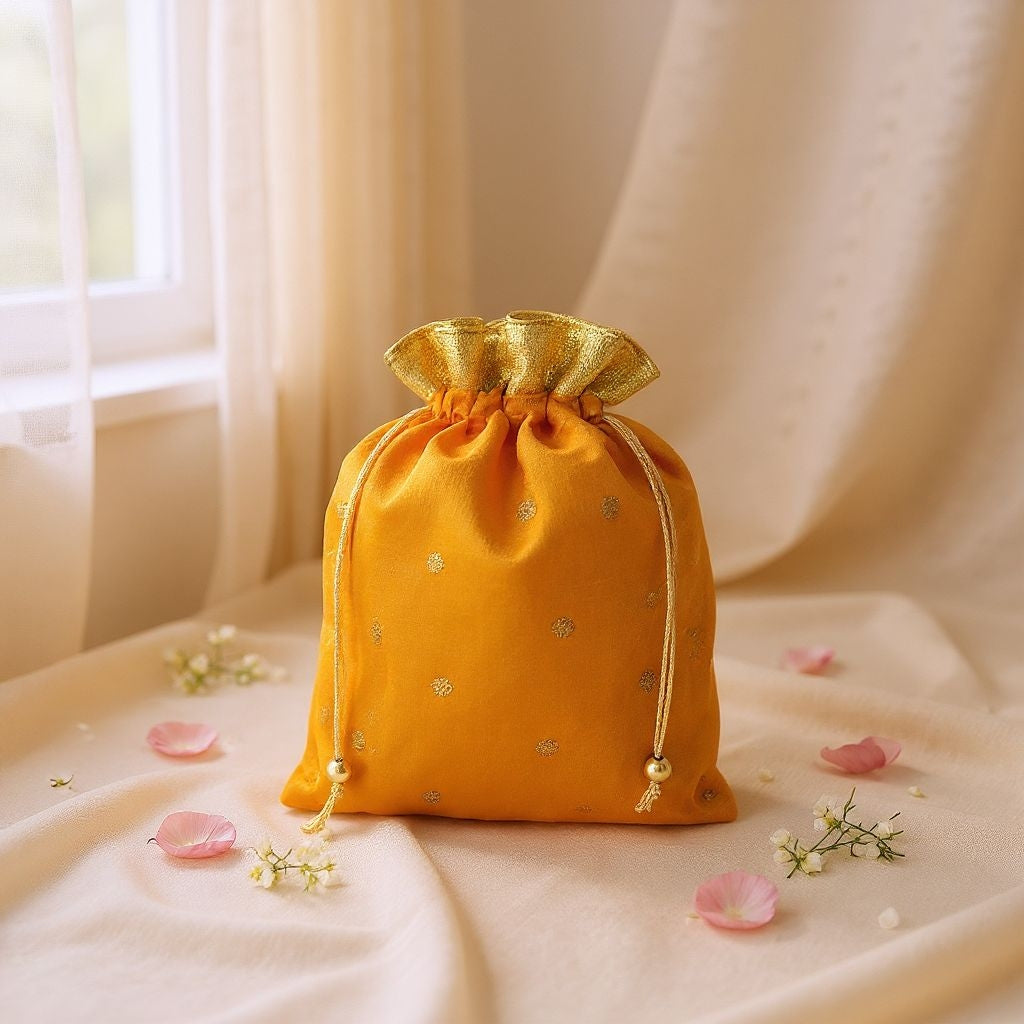 RETURN GIFT ITEMS 500GMS GOLDEN DOT POLKA DESIGN SILK POTLI BAGS