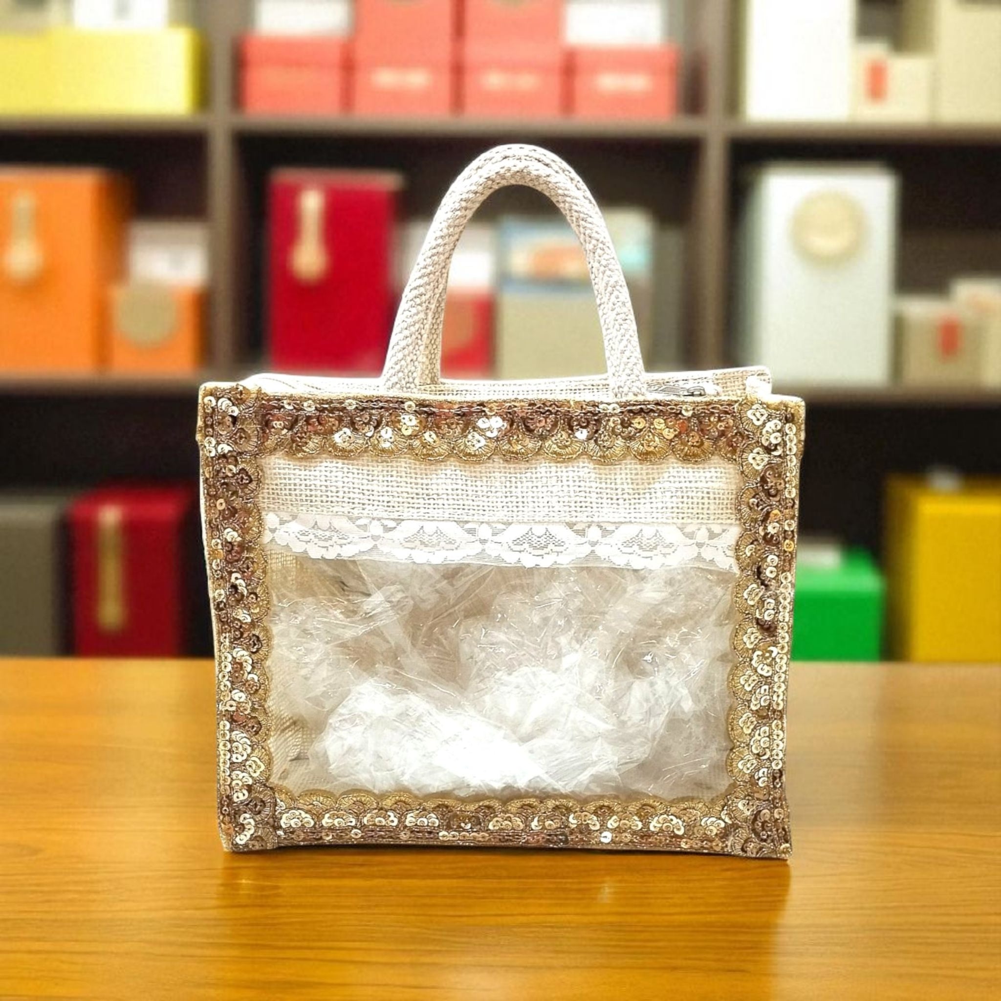 RETURN GIFT ITEMS JUTE WINDOW TRANSPARENT GOLDEN LACE GIFT BAGS