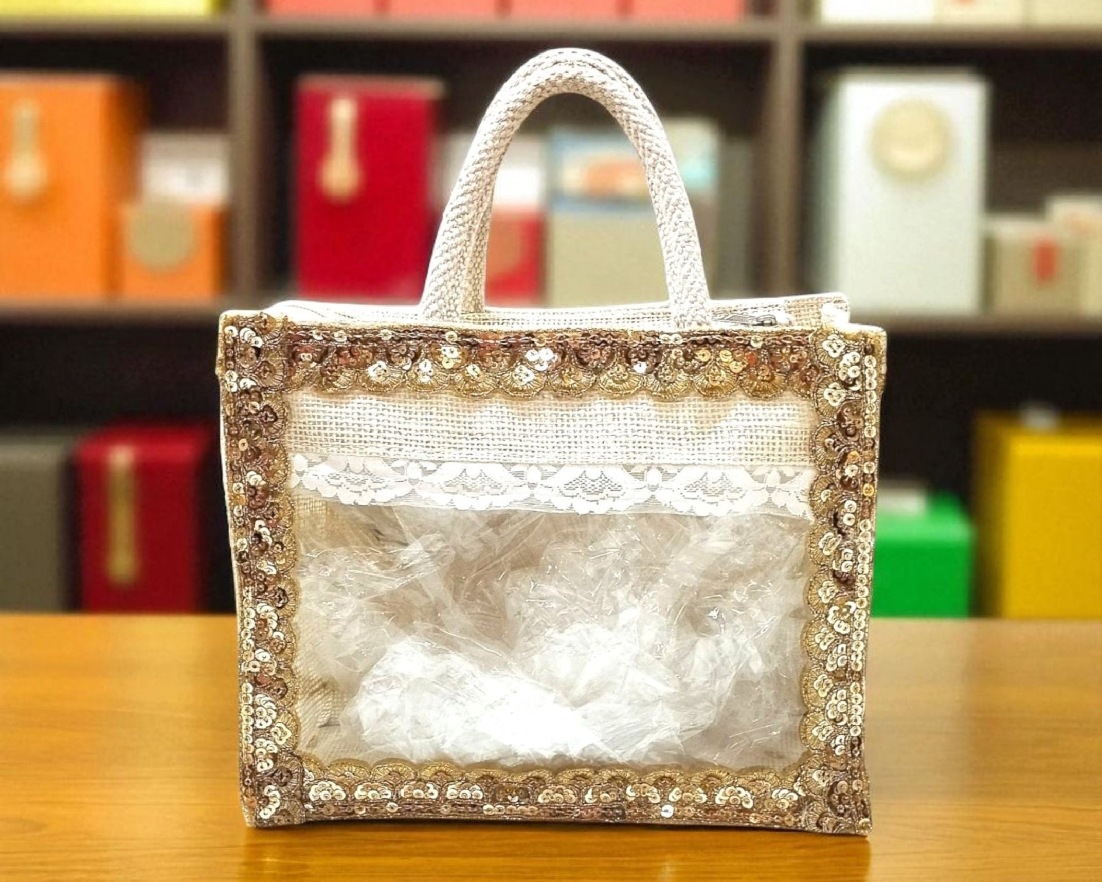 RETURN GIFT ITEMS JUTE WINDOW TRANSPARENT GOLDEN LACE GIFT BAGS