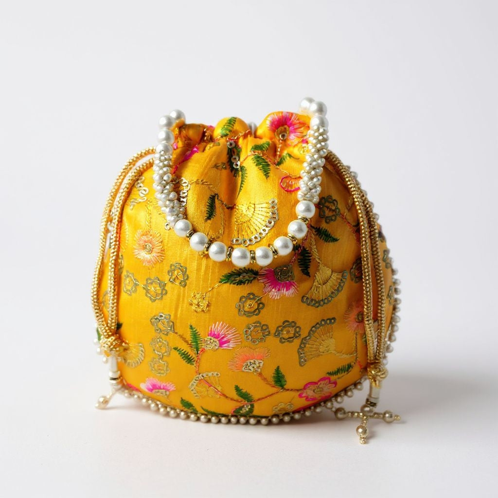 RETURN GIFT ITEMS FLOWER EMBROIDERY SILK POTLI BAGS