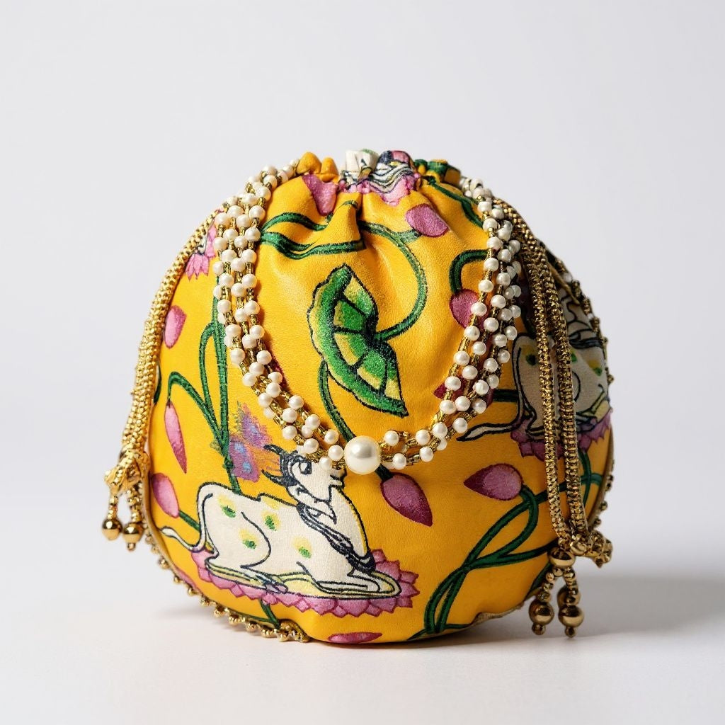 RETURN GIFT ITEMS PICHWAI COW PRINT SILK POTLI BAGS