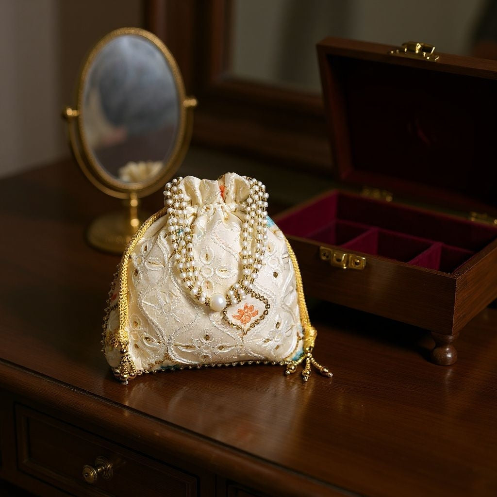 RETURN GIFT ITEMS THREAD PASTEL EMBROIDERY SILK POTLI BAGS