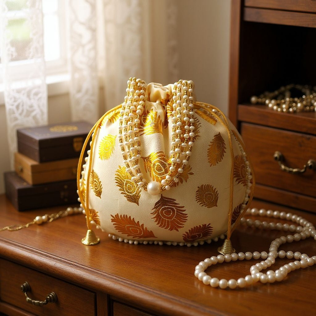 RETURN GIFT ITEMS FOIL PRINT FEATHER SILK POTLI BAGS