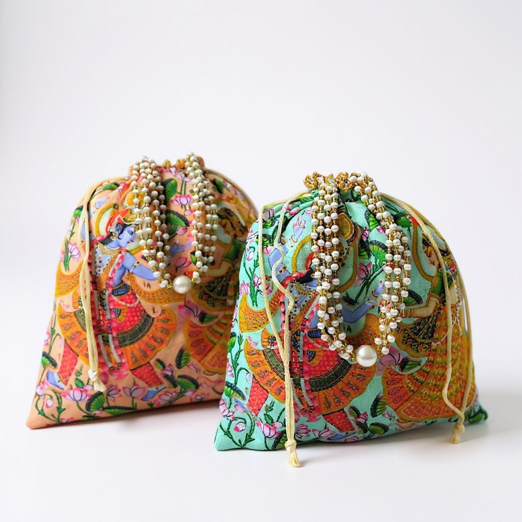 RETURN GIFT ITEMS RADHA KRISHNA SILK DIGITAL PRINT POTLI BAGS