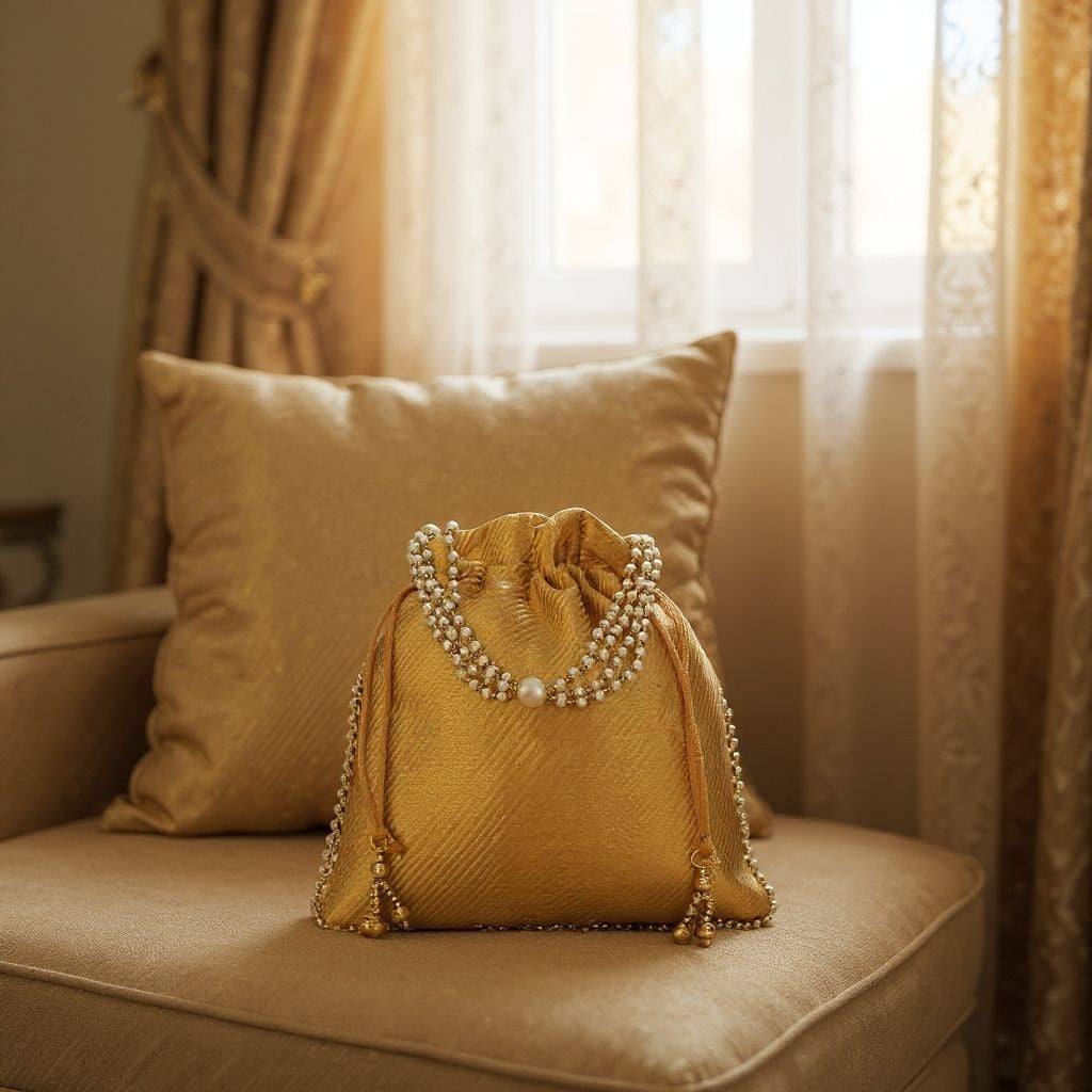 RETURN GIFT ITEMS ELEGANT GOLDEN DESIGNER POTLI BAGS