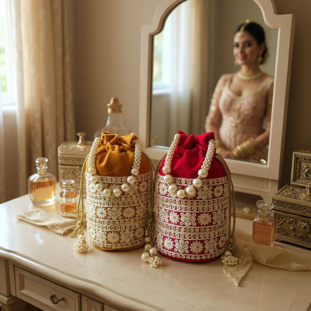RETURN GIFT ITEMS VELVET LUCKNOWI LACE POTLI BAG