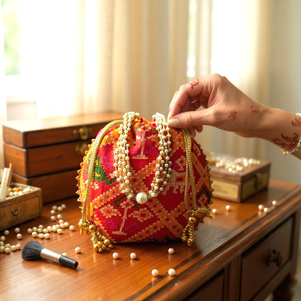 RETURN GIFT ITEMS KOTA CHECKS PATOLA PRINT POTLI BAG