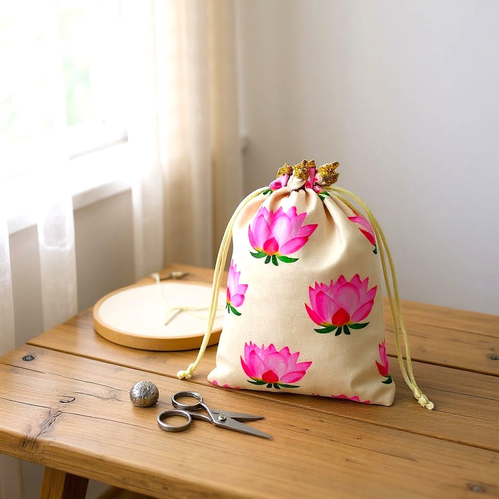 RETURN GIFT ITEMS 250 GMS LOTUS DIGITAL PRINT POTLI BAG