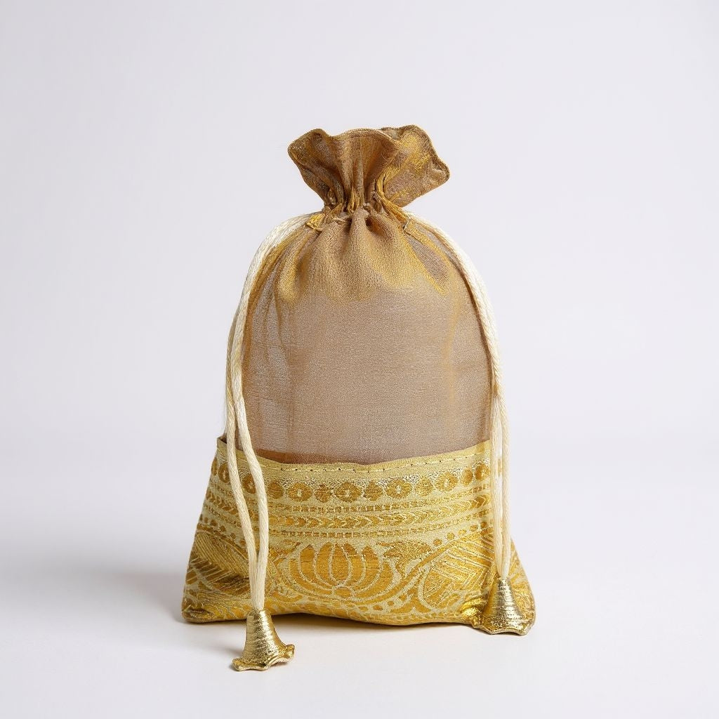 RETURN GIFT ITEMS 250 GMS GOLDEN TISSUE BORDER POTLI BAG
