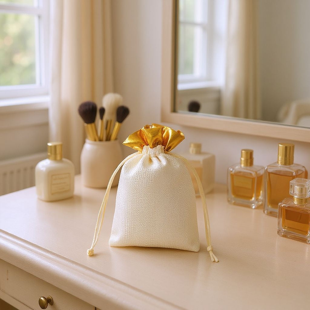 RETURN GIFT ITEMS 250 GMS GOLDEN SPUNCH WHITE POTLI BAG