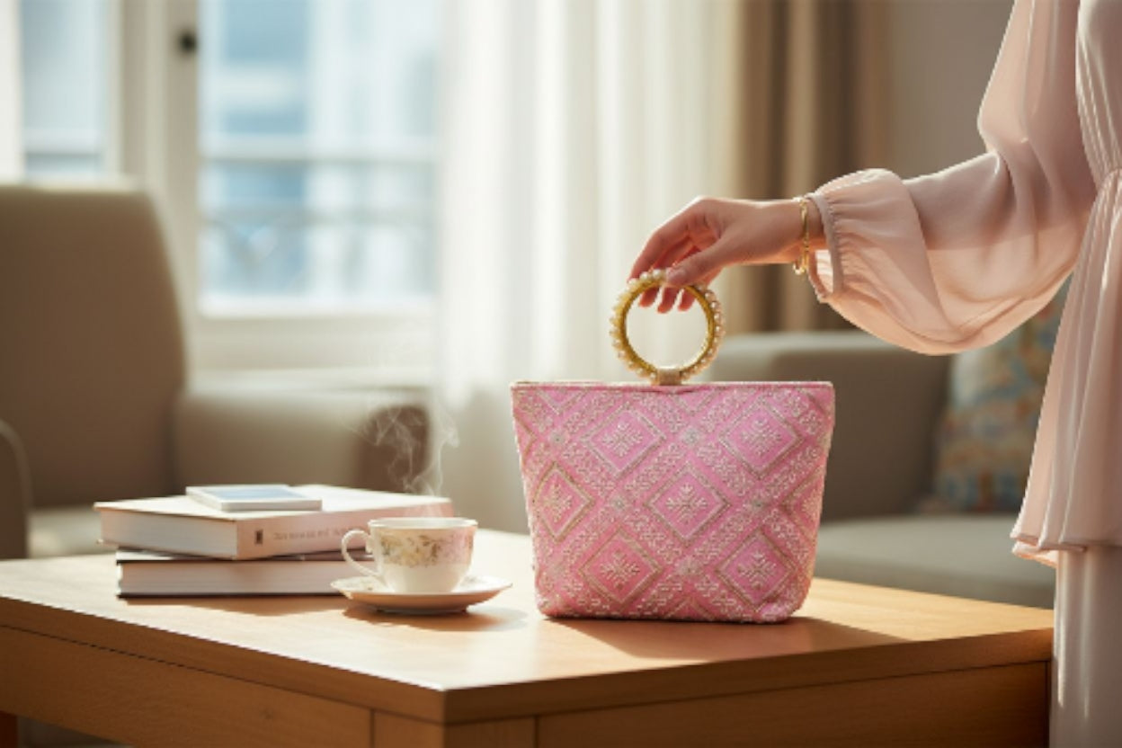 RETURN GIFT ITEMS SILK EMBROIDERY MINI BAG WITH PEARL HANDLE