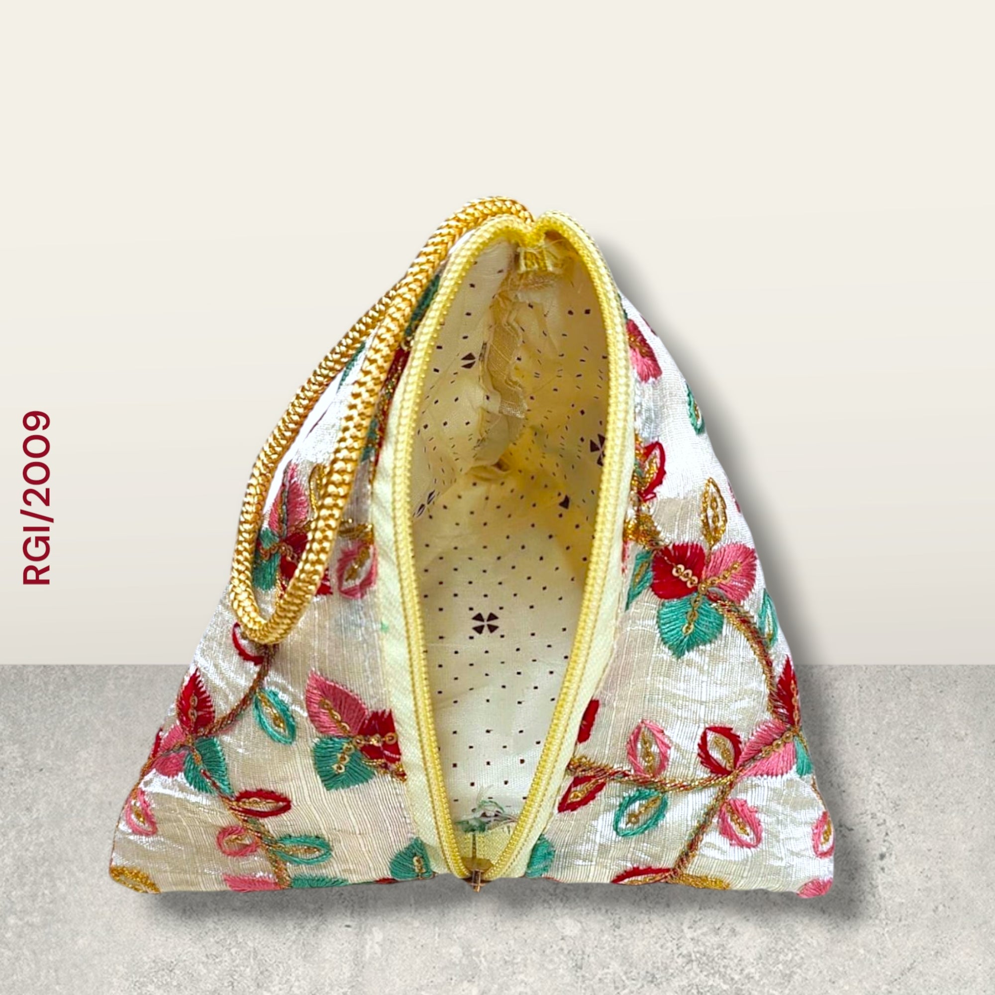 RETURN GIFT ITEMS TRIANGLE SHAPE SILK EMBROIDERED POTLI BAGS
