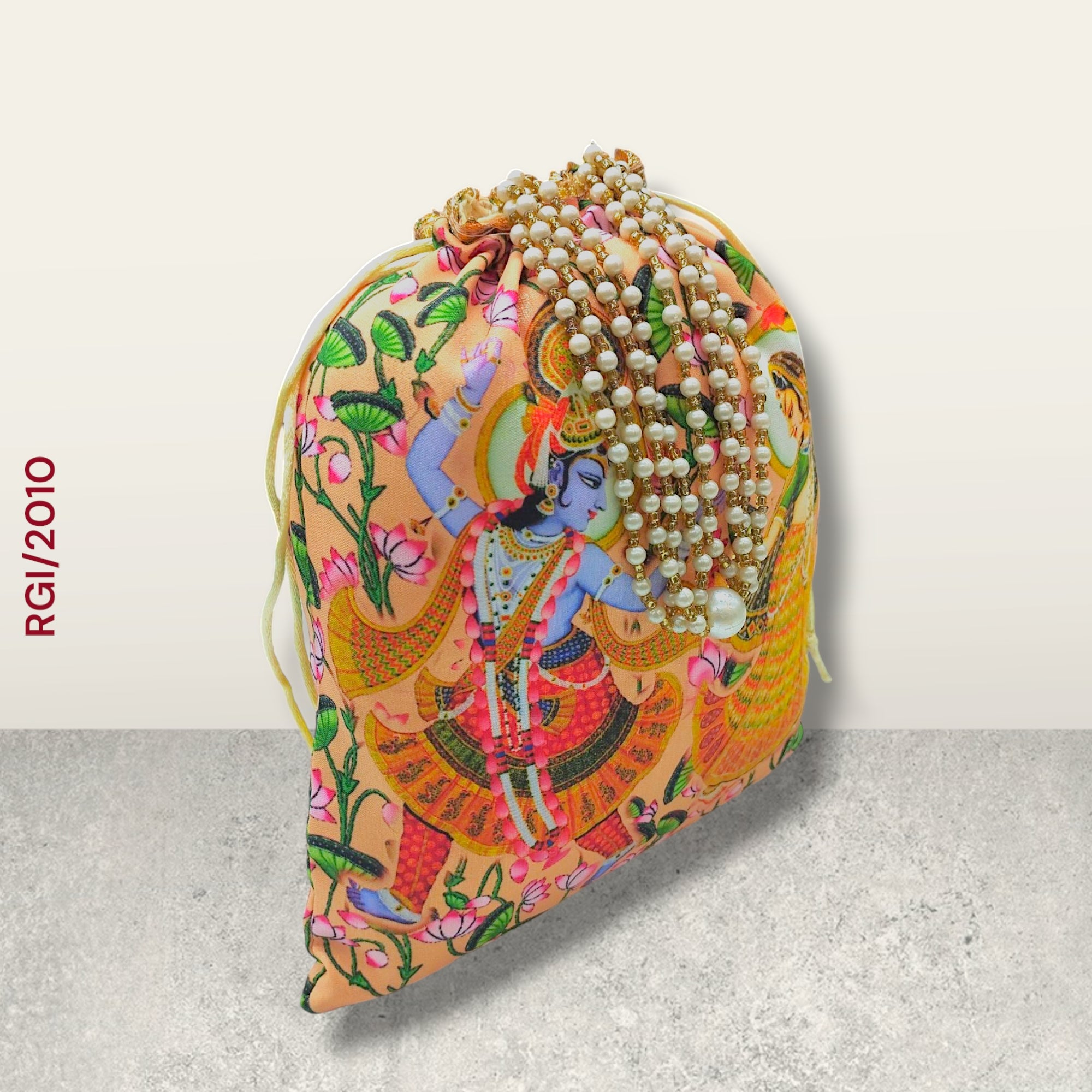 RETURN GIFT ITEMS RADHA KRISHNA SILK DIGITAL PRINT POTLI BAGS