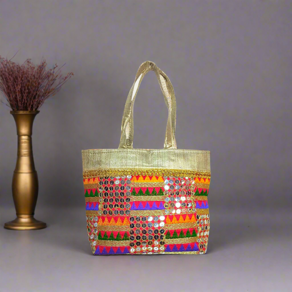 RETURN GIFT ITEMS SEQUINS EMBROIDERY GOLDEN TISSUE HANDBAG