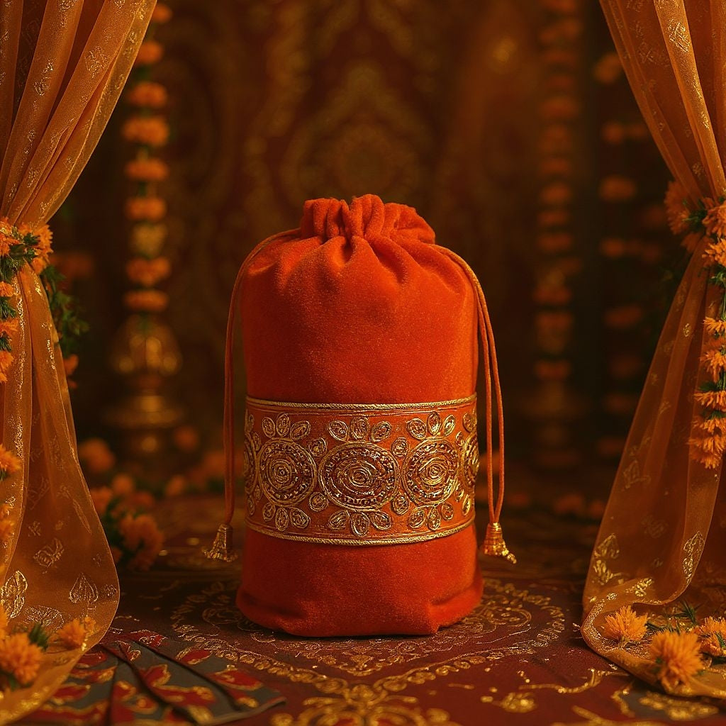 RETURN GIFT ITEMS JARI LACE BORDER ROUND BASE VELVET POTLI