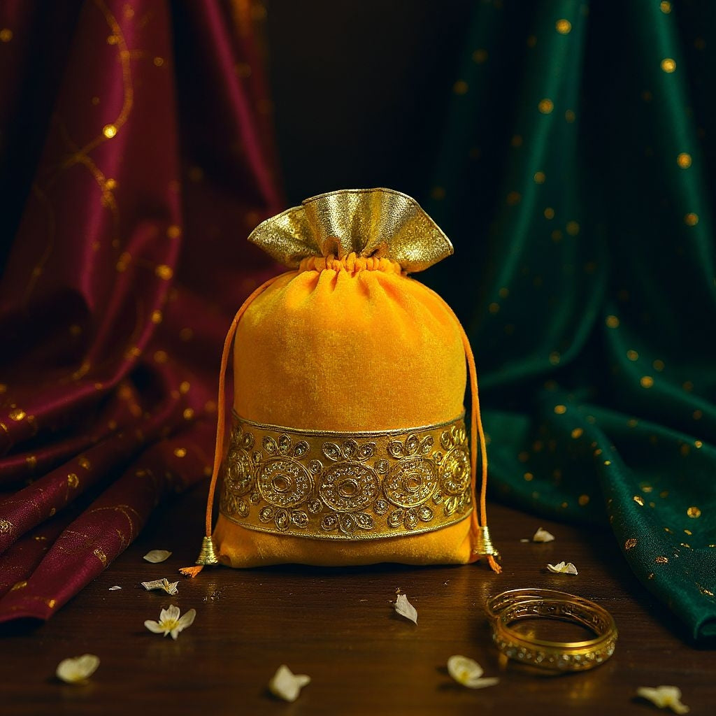 RETURN GIFT ITEMS 500 GMS JARI LACE BORDER VELVET POTLI BAGS