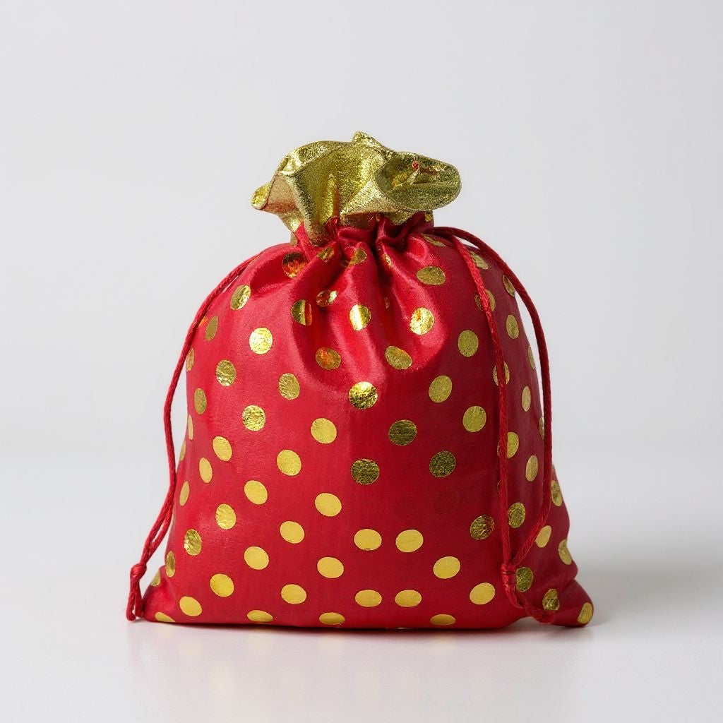 RETURN GIFT ITEMS 500 GMS PACKING CLASSIC GOLDEN DOTS SATIN POLKA POTLI BAG