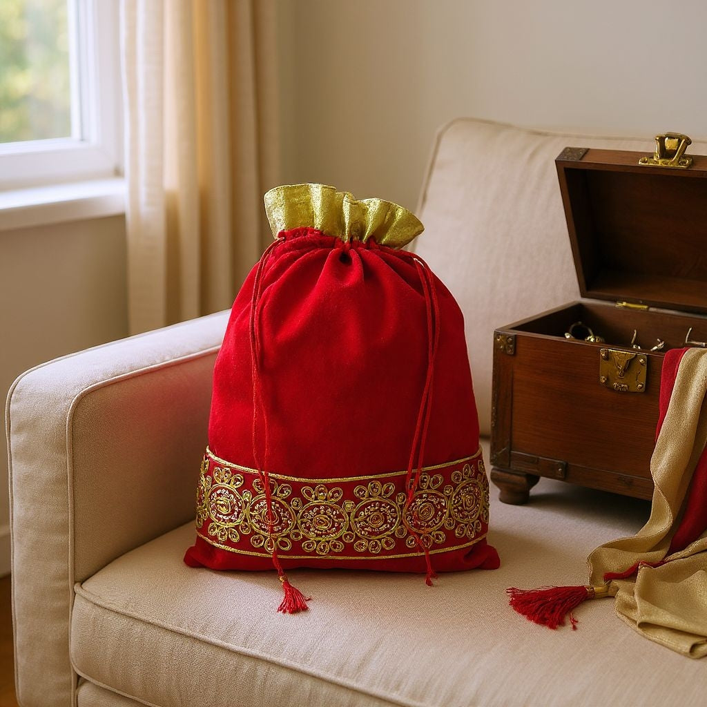 RETURN GIFT ITEMS 1 KG JARI LACE BORDER VELVET POTLI BAGS
