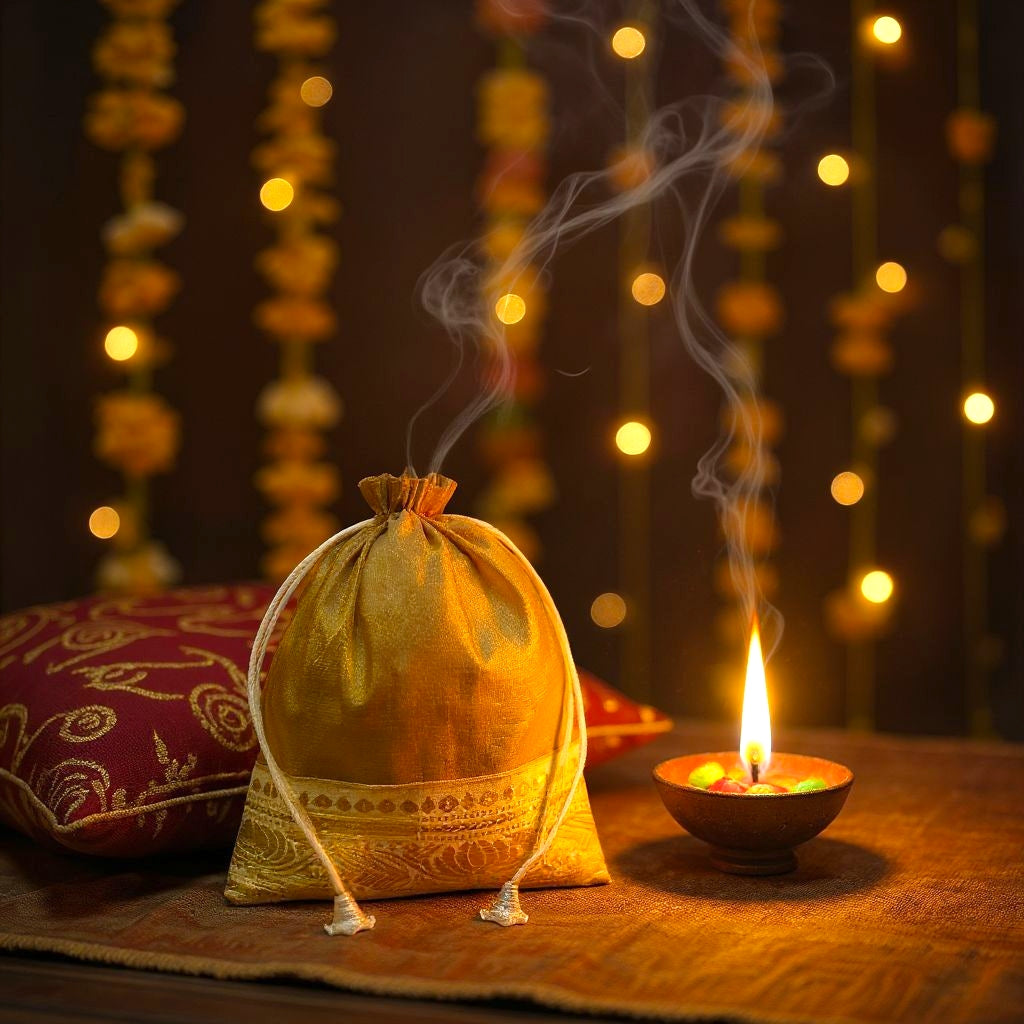 RETURN GIFT ITEMS 500 GMS PACKING GOLDEN TISSUE BORDER POTLI BAGS